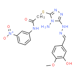 ChemSpider 2D Image | 2-({4-Amino-5-[(2E)-2-(3-hydroxy-4-methoxybenzylidene)hydrazino]-4H-1,2,4-triazol-3-yl}sulfanyl)-N-(3-nitrophenyl)acetamide | C18H18N8O5S