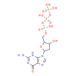 ChemSpider 2D Image | 2-amino-9-[2-deoxy-5-O-(hydroxy{[hydroxy(phosphonooxy)phosphoryl]oxy}phosphoryl)pentofuranosyl]-9H-purin-6-ol | C10H16N5O13P3