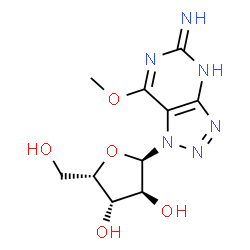 ChemSpider 2D Image | 7-Methoxy-1-(alpha-L-xylofuranosyl)-1H-[1,2,3]triazolo[4,5-d]pyrimidin-5-amine | C10H14N6O5