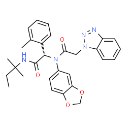 ChemSpider 2D Image | N-(1,3-Benzodioxol-5-yl)-2-(1H-benzotriazol-1-yl)-N-[(1S)-2-[(2-methyl-2-butanyl)amino]-1-(2-methylphenyl)-2-oxoethyl]acetamide | C29H31N5O4