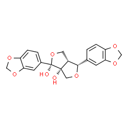 ChemSpider 2D Image | (1R,3aR,4R,6aR)-1,4-Bis(1,3-benzodioxol-5-yl)dihydro-1H,3H-furo[3,4-c]furan-1,6a(6H)-diol | C20H18O8