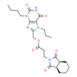 ChemSpider 2D Image | (3-Butyl-2,6-dioxo-7-propyl-2,3,6,7-tetrahydro-1H-purin-8-yl)methyl 3-[(3aR,7aS)-1,3-dioxooctahydro-2H-isoindol-2-yl]propanoate | C24H33N5O6