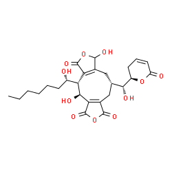 ChemSpider 2D Image | (4S,5S,10S)-4,8-Dihydroxy-5-[(1S)-1-hydroxyheptyl]-10-{(R)-hydroxy[(2R)-6-oxo-3,6-dihydro-2H-pyran-2-yl]methyl}-4,5,8,9,10,11-hexahydro-1H-furo[3',4':5,6]cyclonona[1,2-c]furan-1,3,6-trione | C26H32O11