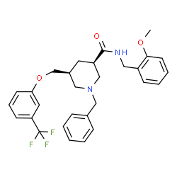 ChemSpider 2D Image | (3R,5S)-1-Benzyl-N-(2-methoxybenzyl)-5-{[3-(trifluoromethyl)phenoxy]methyl}-3-piperidinecarboxamide | C29H31F3N2O3