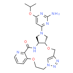 ChemSpider 2D Image | (4S,8S)-6-(2-Amino-6-isopropoxy-4-pyrimidinyl)-3,17-dioxa-6,9,12,20,21,22-hexaazatetracyclo[18.2.1.0~4,8~.0~11,16~]tricosa-1(23),11,13,15,21-pentaen-10-one | C22H27N9O4