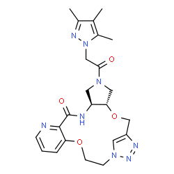 ChemSpider 2D Image | (4S,8S)-6-[(3,4,5-Trimethyl-1H-pyrazol-1-yl)acetyl]-3,17-dioxa-6,9,12,20,21,22-hexaazatetracyclo[18.2.1.0~4,8~.0~11,16~]tricosa-1(23),11,13,15,21-pentaen-10-one | C23H28N8O4