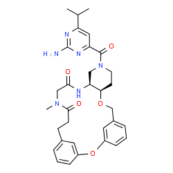 ChemSpider 2D Image | (10R,15S)-13-[(2-Amino-6-isopropyl-4-pyrimidinyl)carbonyl]-19-methyl-2,9-dioxa-13,16,19-triazatetracyclo[21.3.1.1~3,7~.0~10,15~]octacosa-1(27),3(28),4,6,23,25-hexaene-17,20-dione | C32H38N6O5
