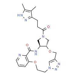 ChemSpider 2D Image | (4S,8S)-6-[3-(4,5-Dimethyl-1H-pyrazol-3-yl)propanoyl]-3,17-dioxa-6,9,12,20,21,22-hexaazatetracyclo[18.2.1.0~4,8~.0~11,16~]tricosa-1(23),11,13,15,21-pentaen-10-one | C23H28N8O4