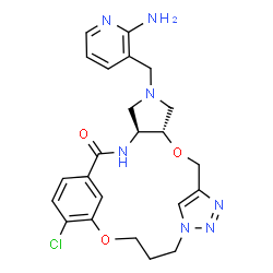 ChemSpider 2D Image | (4S,8S)-6-[(2-Amino-3-pyridinyl)methyl]-20-chloro-9,18-dioxa-3,6,12,13,14-pentaazatetracyclo[17.3.1.1~11,14~.0~4,8~]tetracosa-1(23),11(24),12,19,21-pentaen-2-one | C23H26ClN7O3