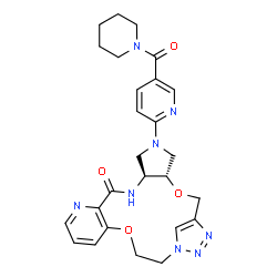 ChemSpider 2D Image | (4S,8S)-6-[5-(1-Piperidinylcarbonyl)-2-pyridinyl]-3,17-dioxa-6,9,12,20,21,22-hexaazatetracyclo[18.2.1.0~4,8~.0~11,16~]tricosa-1(23),11,13,15,21-pentaen-10-one | C26H30N8O4