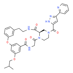 ChemSpider 2D Image | (17R)-5-Isobutoxy-15-{[3-(2-pyridinyl)-1H-pyrazol-5-yl]carbonyl}-2-oxa-9,12,15,19-tetraazatetracyclo[20.3.1.1~3,7~.0~12,17~]heptacosa-1(26),3(27),4,6,22,24-hexaene-8,11,18-trione | C35H37N7O6