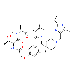 ChemSpider 2D Image | (7R,10S,13S)-1'-[(2-Ethyl-4-methyl-1H-imidazol-5-yl)methyl]-13-[(1R)-1-hydroxyethyl]-7-isopropyl-10,11-dimethyl-6H,9H,12H,15H-spiro[17-oxa-5,8,11,14-tetraazabicyclo[16.3.1]docosa-1(22),18,20-triene-3,
4'-piperidine]-6,9,12,15-tetrone | C35H53N7O6