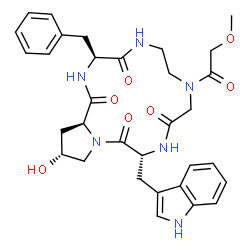 ChemSpider 2D Image | (3S,12R,16R,17aS)-3-Benzyl-16-hydroxy-12-(1H-indol-3-ylmethyl)-8-(methoxyacetyl)dodecahydro-1H-pyrrolo[1,2-a][1,4,7,10,13]pentaazacyclopentadecine-1,4,10,13(5H)-tetrone | C32H38N6O7