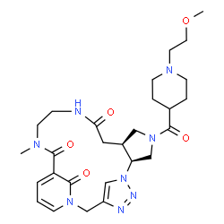 ChemSpider 2D Image | (7S,11S)-9-{[1-(2-Methoxyethyl)-4-piperidinyl]carbonyl}-17-methyl-1,4,5,6,9,14,17-heptaazatetracyclo[17.3.1.1~3,6~.0~7,11~]tetracosa-3(24),4,19,21-tetraene-13,18,23-trione | C27H38N8O5