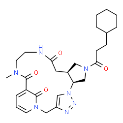 ChemSpider 2D Image | (7S,11S)-9-(3-Cyclohexylpropanoyl)-17-methyl-1,4,5,6,9,14,17-heptaazatetracyclo[17.3.1.1~3,6~.0~7,11~]tetracosa-3(24),4,19,21-tetraene-13,18,23-trione | C27H37N7O4