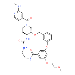 ChemSpider 2D Image | (10S,15S)-25-(2-Methoxyethoxy)-12-[2-(methylamino)isonicotinoyl]-2,9-dioxa-12,16,18,21-tetraazatetracyclo[21.3.1.1~3,7~.0~10,15~]octacosa-1(27),3(28),4,6,23,25-hexaene-17,22-dione | C32H38N6O7