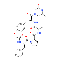 ChemSpider 2D Image | (6R,12R,15S,18S)-6-Benzyl-15-methyl-18-{[(3R)-3-methyl-5-oxo-1-piperazinyl]carbonyl}-2-oxa-5,8,14,17-tetraazatricyclo[18.2.2.0~8,12~]tetracosa-1(22),20,23-triene-4,7,13,16-tetrone | C33H40N6O7