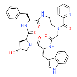 ChemSpider 2D Image | (3S,12R,16R,17aS)-3-Benzyl-16-hydroxy-12-(1H-indol-3-ylmethyl)-8-(2-pyridinylcarbonyl)dodecahydro-1H-pyrrolo[1,2-a][1,4,7,10,13]pentaazacyclopentadecine-1,4,10,13(5H)-tetrone | C35H37N7O6