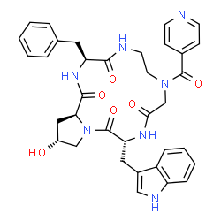 ChemSpider 2D Image | (3S,12R,16R,17aS)-3-Benzyl-16-hydroxy-12-(1H-indol-3-ylmethyl)-8-isonicotinoyldodecahydro-1H-pyrrolo[1,2-a][1,4,7,10,13]pentaazacyclopentadecine-1,4,10,13(5H)-tetrone | C35H37N7O6