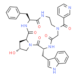 ChemSpider 2D Image | (3S,12R,16R,17aS)-3-Benzyl-16-hydroxy-12-(1H-indol-3-ylmethyl)-8-(3-pyridinylcarbonyl)dodecahydro-1H-pyrrolo[1,2-a][1,4,7,10,13]pentaazacyclopentadecine-1,4,10,13(5H)-tetrone | C35H37N7O6