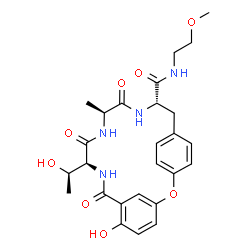 ChemSpider 2D Image | (10S,13S,16S)-6-Hydroxy-10-[(1R)-1-hydroxyethyl]-N-(2-methoxyethyl)-13-methyl-8,11,14-trioxo-2-oxa-9,12,15-triazatricyclo[16.2.2.1~3,7~]tricosa-1(20),3(23),4,6,18,21-hexaene-16-carboxamide | C26H32N4O8