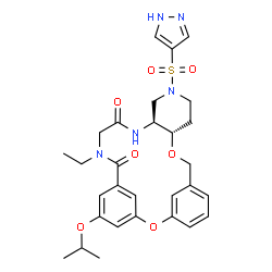 ChemSpider 2D Image | (10S,15S)-19-Ethyl-23-isopropoxy-13-(1H-pyrazol-4-ylsulfonyl)-2,9-dioxa-13,16,19-triazatetracyclo[19.3.1.1~3,7~.0~10,15~]hexacosa-1(25),3(26),4,6,21,23-hexaene-17,20-dione | C29H35N5O7S