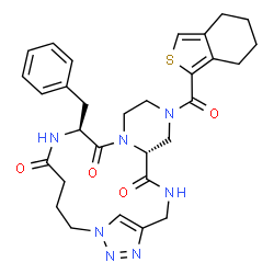 ChemSpider 2D Image | (5R,12S)-12-Benzyl-7-(4,5,6,7-tetrahydro-2-benzothiophen-1-ylcarbonyl)-3,7,10,13,18,19,20-heptaazatricyclo[16.2.1.0~5,10~]henicosa-1(21),19-diene-4,11,14-trione | C30H35N7O4S