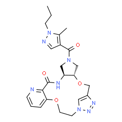 ChemSpider 2D Image | (4S,8S)-6-[(5-Methyl-1-propyl-1H-pyrazol-4-yl)carbonyl]-3,17-dioxa-6,9,12,20,21,22-hexaazatetracyclo[18.2.1.0~4,8~.0~11,16~]tricosa-1(23),11,13,15,21-pentaen-10-one | C23H28N8O4