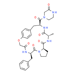 ChemSpider 2D Image | (6R,12R,15S,18S)-6-Benzyl-15-methyl-18-[(3-oxo-1-piperazinyl)carbonyl]-2-oxa-5,8,14,17-tetraazatricyclo[18.2.2.0~8,12~]tetracosa-1(22),20,23-triene-4,7,13,16-tetrone | C32H38N6O7