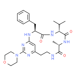 ChemSpider 2D Image | (3S,6R,9S)-3-Benzyl-6-isopropyl-9-methyl-16-(4-morpholinyl)-2,5,8,11,15,17-hexaazabicyclo[12.3.1]octadeca-1(18),14,16-triene-4,7,10-trione | C27H37N7O4