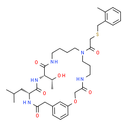 ChemSpider 2D Image | (16S,19R)-16-[(1R)-1-Hydroxyethyl]-19-isobutyl-9-{[(2-methylbenzyl)sulfanyl]acetyl}-2-oxa-5,9,14,17,20-pentaazabicyclo[21.3.1]heptacosa-1(27),23,25-triene-4,15,18,21-tetrone | C37H53N5O7S