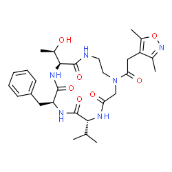 ChemSpider 2D Image | (3S,6S,9R)-6-Benzyl-13-[(3,5-dimethyl-1,2-oxazol-4-yl)acetyl]-3-[(1R)-1-hydroxyethyl]-9-isopropyl-1,4,7,10,13-pentaazacyclopentadecane-2,5,8,11-tetrone | C29H40N6O7