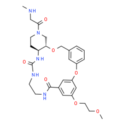 ChemSpider 2D Image | (10S,15S)-25-(2-Methoxyethoxy)-12-[(methylamino)acetyl]-2,9-dioxa-12,16,18,21-tetraazatetracyclo[21.3.1.1~3,7~.0~10,15~]octacosa-1(27),3(28),4,6,23,25-hexaene-17,22-dione | C28H37N5O7