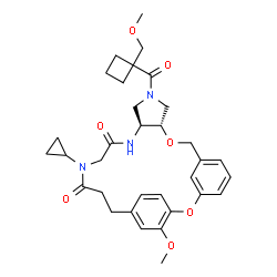 ChemSpider 2D Image | (10S,14S)-18-Cyclopropyl-24-methoxy-12-{[1-(methoxymethyl)cyclobutyl]carbonyl}-2,9-dioxa-12,15,18-triazatetracyclo[20.2.2.1~3,7~.0~10,14~]heptacosa-1(24),3(27),4,6,22,25-hexaene-16,19-dione | C33H41N3O7