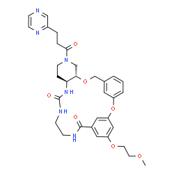 ChemSpider 2D Image | (10S,15S)-25-(2-Methoxyethoxy)-12-[3-(2-pyrazinyl)propanoyl]-2,9-dioxa-12,16,18,21-tetraazatetracyclo[21.3.1.1~3,7~.0~10,15~]octacosa-1(27),3(28),4,6,23,25-hexaene-17,22-dione | C32H38N6O7