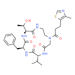 ChemSpider 2D Image | (3S,6S,9R)-6-Benzyl-3-[(1R)-1-hydroxyethyl]-9-isopropyl-13-[3-(4-methyl-1,3-thiazol-5-yl)propanoyl]-1,4,7,10,13-pentaazacyclopentadecane-2,5,8,11-tetrone | C29H40N6O6S