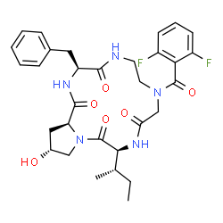 ChemSpider 2D Image | (3S,12S,16R,17aS)-3-Benzyl-12-[(2S)-2-butanyl]-8-(2,6-difluorobenzoyl)-16-hydroxydodecahydro-1H-pyrrolo[1,2-a][1,4,7,10,13]pentaazacyclopentadecine-1,4,10,13(5H)-tetrone | C31H37F2N5O6