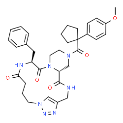ChemSpider 2D Image | (5R,12S)-12-Benzyl-7-{[1-(4-methoxyphenyl)cyclopentyl]carbonyl}-3,7,10,13,18,19,20-heptaazatricyclo[16.2.1.0~5,10~]henicosa-1(21),19-diene-4,11,14-trione | C34H41N7O5