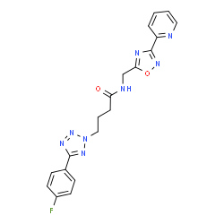 ChemSpider 2D Image | 4-[5-(4-Fluorophenyl)-2H-tetrazol-2-yl]-N-{[3-(2-pyridinyl)-1,2,4-oxadiazol-5-yl]methyl}butanamide | C19H17FN8O2