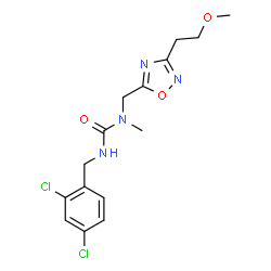 ChemSpider 2D Image | 3-(2,4-Dichlorobenzyl)-1-{[3-(2-methoxyethyl)-1,2,4-oxadiazol-5-yl]methyl}-1-methylurea | C15H18Cl2N4O3