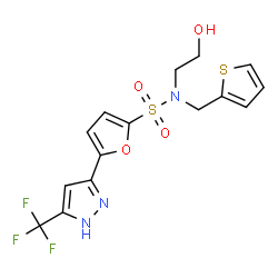 ChemSpider 2D Image | N-(2-Hydroxyethyl)-N-(2-thienylmethyl)-5-[5-(trifluoromethyl)-1H-pyrazol-3-yl]-2-furansulfonamide | C15H14F3N3O4S2
