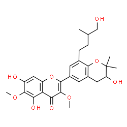 ChemSpider 2D Image | 3',5,7-Trihydroxy-8'-(4-hydroxy-3-methylbutyl)-3,6-dimethoxy-2',2'-dimethyl-3',4'-dihydro-2'H,4H-2,6'-bichromen-4-one | C27H32O9