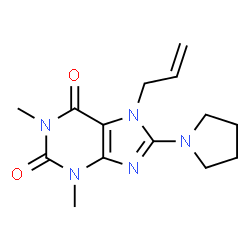 ChemSpider 2D Image | 7-Allyl-1,3-dimethyl-8-pyrrolidin-1-yl-3,7-dihydro-purine-2,6-dione | C14H19N5O2