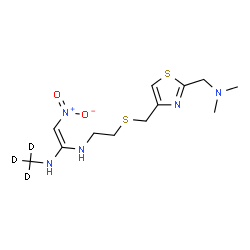 ChemSpider 2D Image | (Z)-N-{2-[({2-[(Dimethylamino)methyl]-1,3-thiazol-4-yl}methyl)sulfanyl]ethyl}-N'-(~2~H_3_)methyl-2-nitro-1,1-ethenediamine | C12H18D3N5O2S2