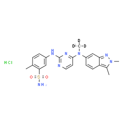 ChemSpider 2D Image | 5-[(4-{(2,3-Dimethyl-2H-indazol-6-yl)[(~13~C,~2~H_3_)methyl]amino}-2-pyrimidinyl)amino]-2-methylbenzenesulfonamide hydrochloride (1:1) | C2013CH21D3ClN7O2S