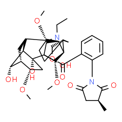ChemSpider 2D Image | [(1beta,6beta,11beta,13alpha,14beta,16beta)-20-Ethyl-7,8,14-trihydroxy-1,6,16-trimethoxyaconitan-4-yl]methyl 2-[(3S)-3-methyl-2,5-dioxo-1-pyrrolidinyl]benzoate | C36H48N2O10