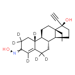 ChemSpider 2D Image | (3E,8R,9S,10R,13S,14S,17R)-13-Ethyl-17-ethynyl-3-(hydroxyimino)(2,2,4,6,6,10-~2~H_6_)-2,3,6,7,8,9,10,11,12,13,14,15,16,17-tetradecahydro-1H-cyclopenta[a]phenanthren-17-ol (non-preferred name) | C21H23D6NO2