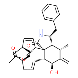 ChemSpider 2D Image | (3S,3aR,4S,6S,6aR,7E,10S,12S,13Z,15R,15aR)-3-Benzyl-6-hydroxy-4,10,12-trimethyl-5-methylene-1-oxo-2,3,3a,4,5,6,6a,9,10,11,12,15-dodecahydro-1H-cycloundeca[d]isoindol-15-yl acetate | C30H39NO4