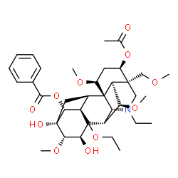 ChemSpider 2D Image | (3beta,5alpha,6alpha,8xi,9alpha,11beta,14alpha,15alpha,16beta)-3-Acetoxy-8-ethoxy-20-ethyl-13,15-dihydroxy-1,6,16-trimethoxy-4-(methoxymethyl)aconitan-14-yl benzoate | C36H51NO11