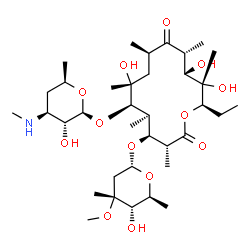 ChemSpider 2D Image | (3R,4S,5R,6R,7R,9R,11R,12S,13S,14R)-14-Ethyl-7,12,13-trihydroxy-4-{[(2R,4R,5S,6S)-5-hydroxy-4-methoxy-4,6-dimethyltetrahydro-2H-pyran-2-yl]oxy}-6-{[(2S,3R,4S,6R)-3-hydroxy-6-methyl-4-(methylamino)tetr
ahydro-2H-pyran-2-yl]oxy}-3,5,7,9,11,13-hexamethyloxacyclotetradecane-2,10-dione (non-preferred name) | C36H65NO13